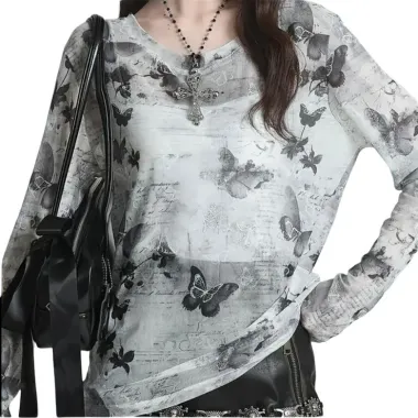 Maglione leggero con stampa farfalle grigio