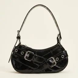 Borsa a Spalla Black Punk Chic con Doppia Fibbia e Borchie