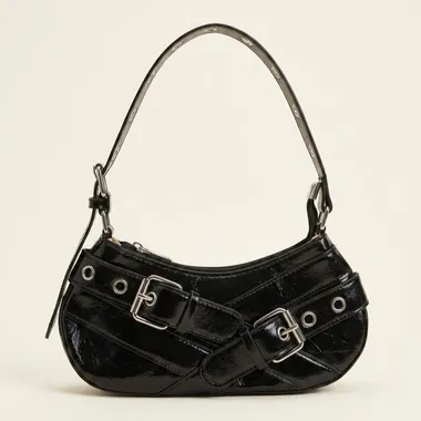 Borsa a Spalla Black Punk Chic con Doppia Fibbia e Borchie