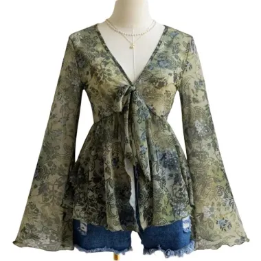 Top Floreale in Chiffon Verde