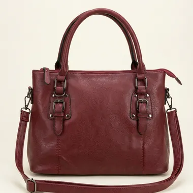 Borsa a Mano e Tracolla Bordeaux con Dettagli Fibbia