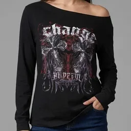 Maglia a Maniche Lunghe con Stampa Grunge e Spalla Scoperta