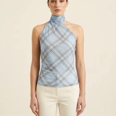 Top Halter a Quadri Azzurro e Giallo, Elegante e Moderno per Estate