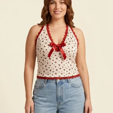 Top Halter Floreale con Pizzo e Fiocco in Satin