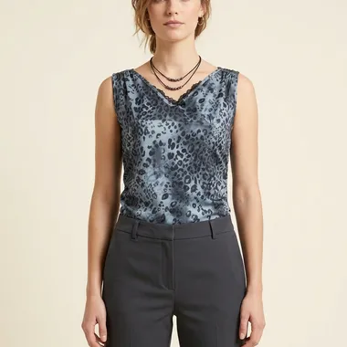 Top Smanicato con Scollo a V e Dettagli in Pizzo - Fantasia Animalier Grigio Blu