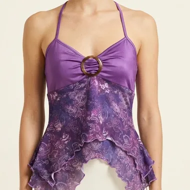 Top Purple Paisley con Dettaglio Anello e Orlo a Volant