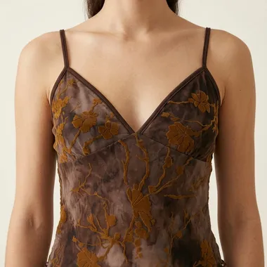 Top Camisole in Mesh Marrone con Ricami Floreali in Velluto Ocra