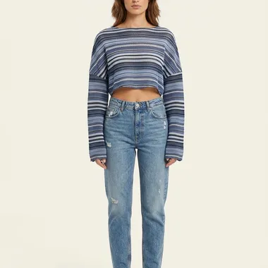 Crop Top in Maglia a Righe Sfumate Blu e Azzurre
