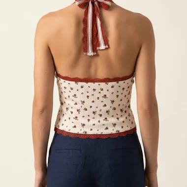 Top Halter Floreale con Pizzo e Fiocco in Satin