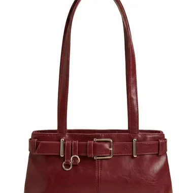 Borsa Baguette Bordeaux con Cinturino e Dettagli Silver