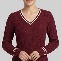 Maglione Trecce Bordeaux Scollo V Righe Contrastanti