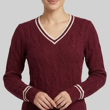 Maglione Trecce Bordeaux Scollo V Righe Contrastanti