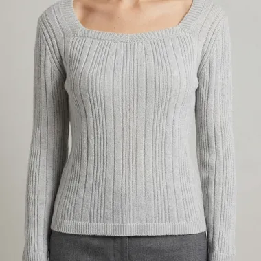 Maglia a Costine Scollo Squadrato Grigio Perla