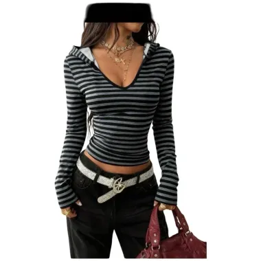 T-shirt Donna a Righe con Cappuccio Bianco e Nero