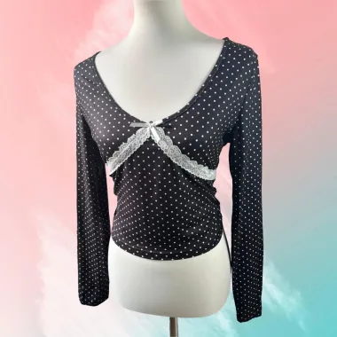 T-shirt in Jersey a Pois con Pizzo Nero