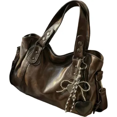 Borsa a Spalla in Pelle con Charm Marrone