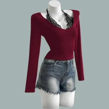 Top a Maniche Lunghe con Scollo a V e Inserto in Pizzo Borgogna