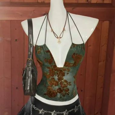 Top Corto Halter Floreale Verde Scuro