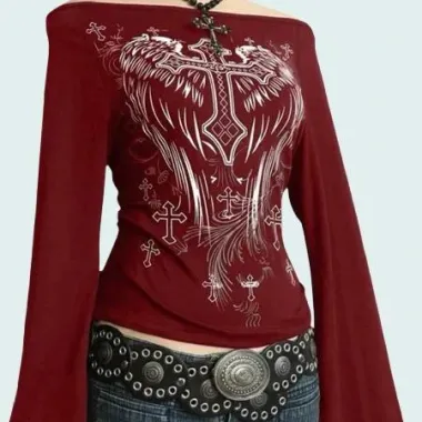 Top Off-Shoulder con Stampa Gotica Borgogna