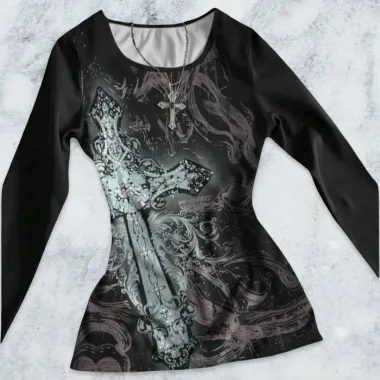 Top a Maniche Lunghe con Stampa Croce Gotica Nero