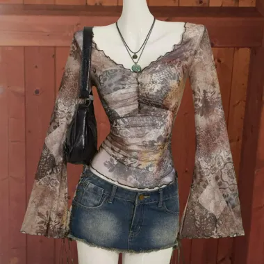 Top a Maniche Lunghe in Mesh Drappeggiato Beige