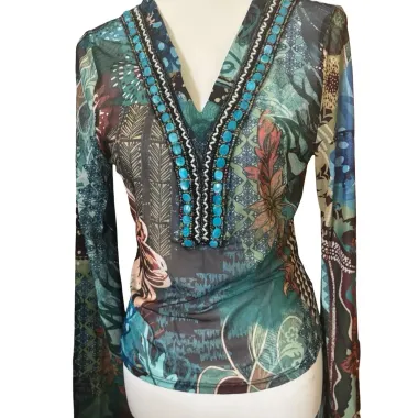 Tunica Donna Scollo a V Decorato Verde