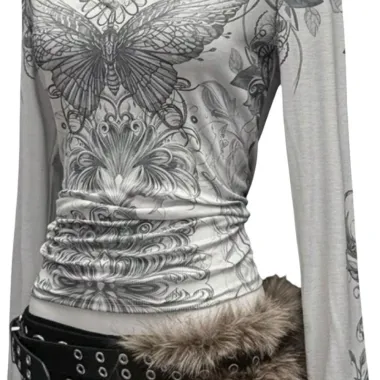 Top a Maniche Lunghe Y2K con Stampa Butterfly Bianco