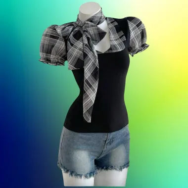 Top con Maniche a Sbuffo e Fiocco Nero