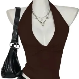 Canotta Halter Scollo Profondo Marrone