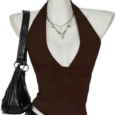 Canotta Halter Scollo Profondo Marrone