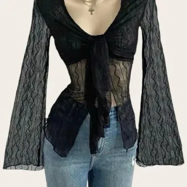 Top in Pizzo Trasparente con Nodo Frontale Nero