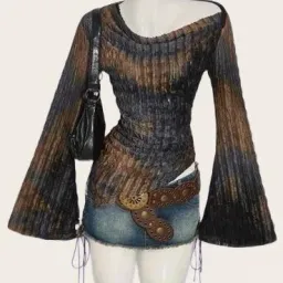 Top Trasparente con Maniche a Campana Effetto Shimmer Marrone