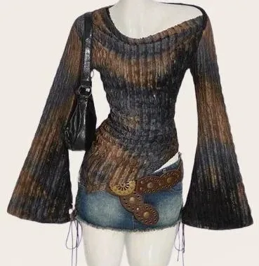 Top Trasparente con Maniche a Campana Effetto Shimmer Marrone