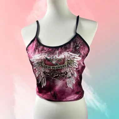 Top Corto con Stampa Grafica e Spalline Sottili Borgogna
