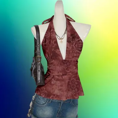 Top Halter Scollo Profondo Borgogna