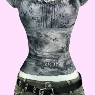 Top corto arricciato Y2K grigio