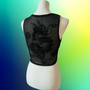 Canotta in Tulle Ricamato Drago Nero