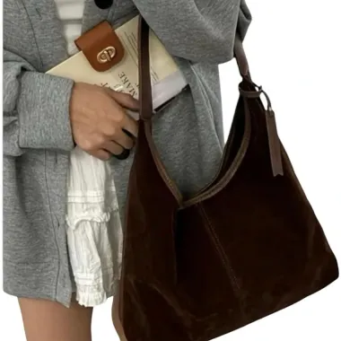 Borsa a Spalla in Pelle Scamosciata Marrone