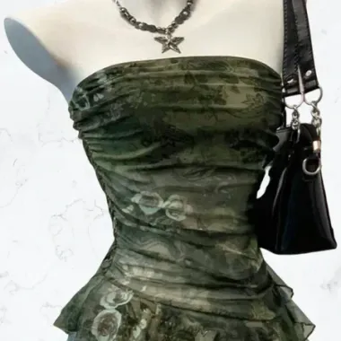 Top a Fascia Drappeggiato in Tulle Verde Scuro