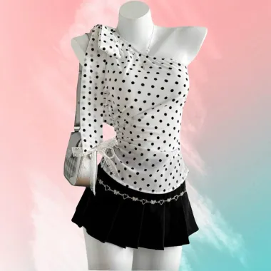 Top Monospalla Drappeggiato a Pois Bianco