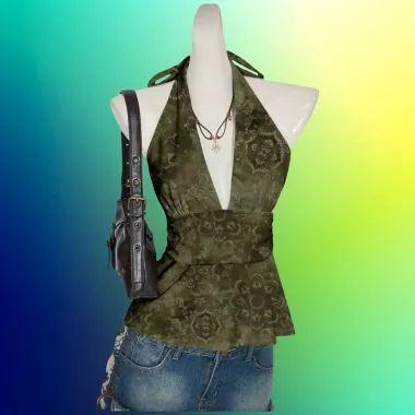 Top Allacciato al Collo Fantasia Boho Verde Scuro