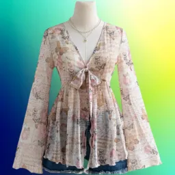 Blusa Floreale con Fiocco e Maniche a Campana Beige