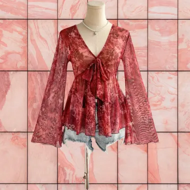 Camicetta in Chiffon Floreale con Maniche a Campana Rosso