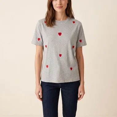 T-shirt con Cuori Ricamati Grigio