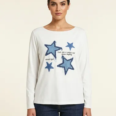 T-shirt Donna con Stelle Applicate Bianco