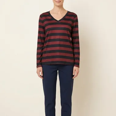 T-shirt Donna a Righe Scollo V Rosso