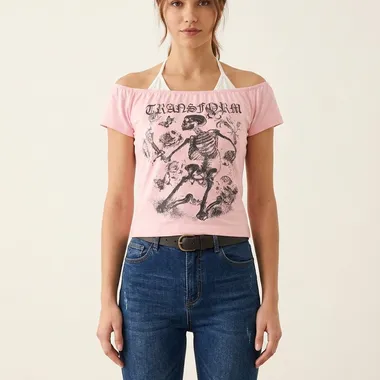 T-shirt Off-Shoulder con Stampa Scheletro Rosa