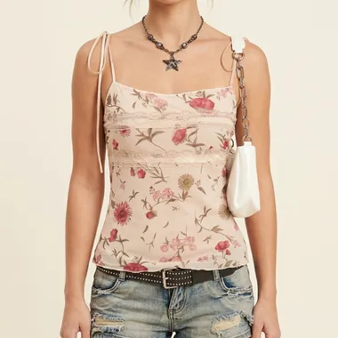 Top con Spalle Scoperte Floreale Beige